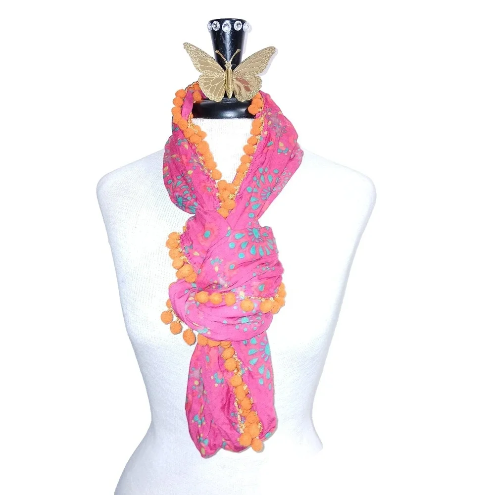 Natural Life Pom Pom Balls Women Infinity Scarf Coral Orange Floral Boho Mandala